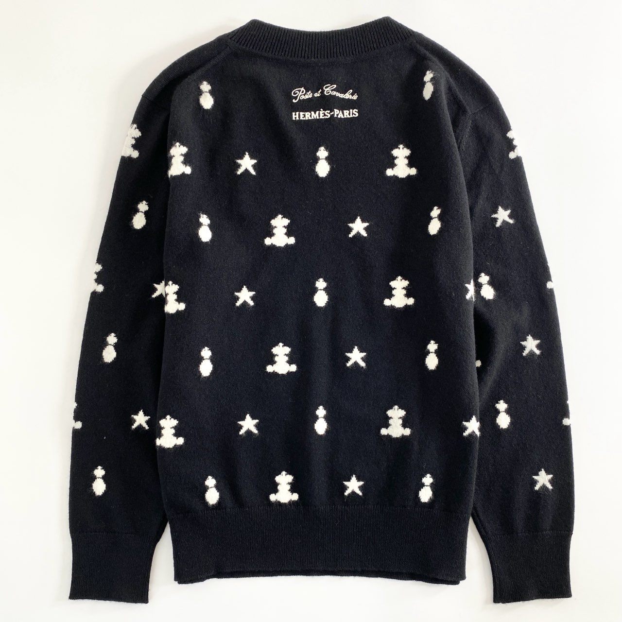 79j2 HERMES エルメス Poste et Cavalerie サーベル飾袋 刺繍 カシミアニット セーター サイズ42 ブラック ホワイト カシミヤ100% レディース イタリア製