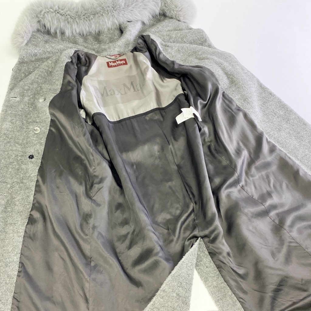 25k7 【イタリア製】MaxMara STUDIO マックスマーラ スタジオ アルパカコート フォックスファー フーデッドコート サイズ42 グレー レディース 女性用 アウター コート