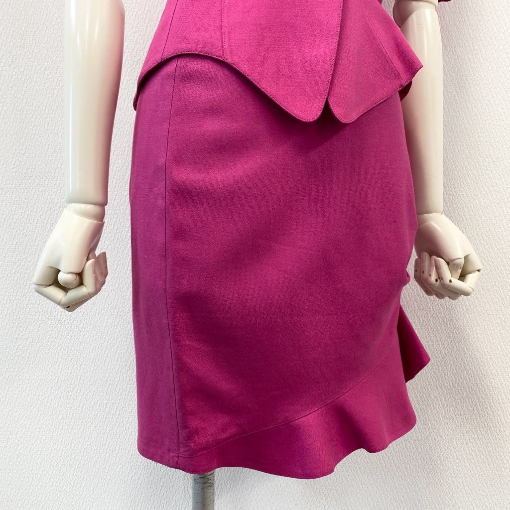 63d8-6 Thierry mugler ティエリー ミューグレー 半袖ジャケット/スカート スーツ セットアップ 変形デザイン サイズ7AR/60-88 ピンク レーヨン リネン レディース 日本製