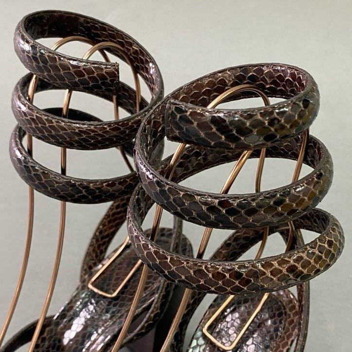 6l22 BOTTEGA VENETA ボッテガ ヴェネタ パイソンレザー スネークストラップサンダル 35 1/2 ブラウン Leather イタリア製 シューズ