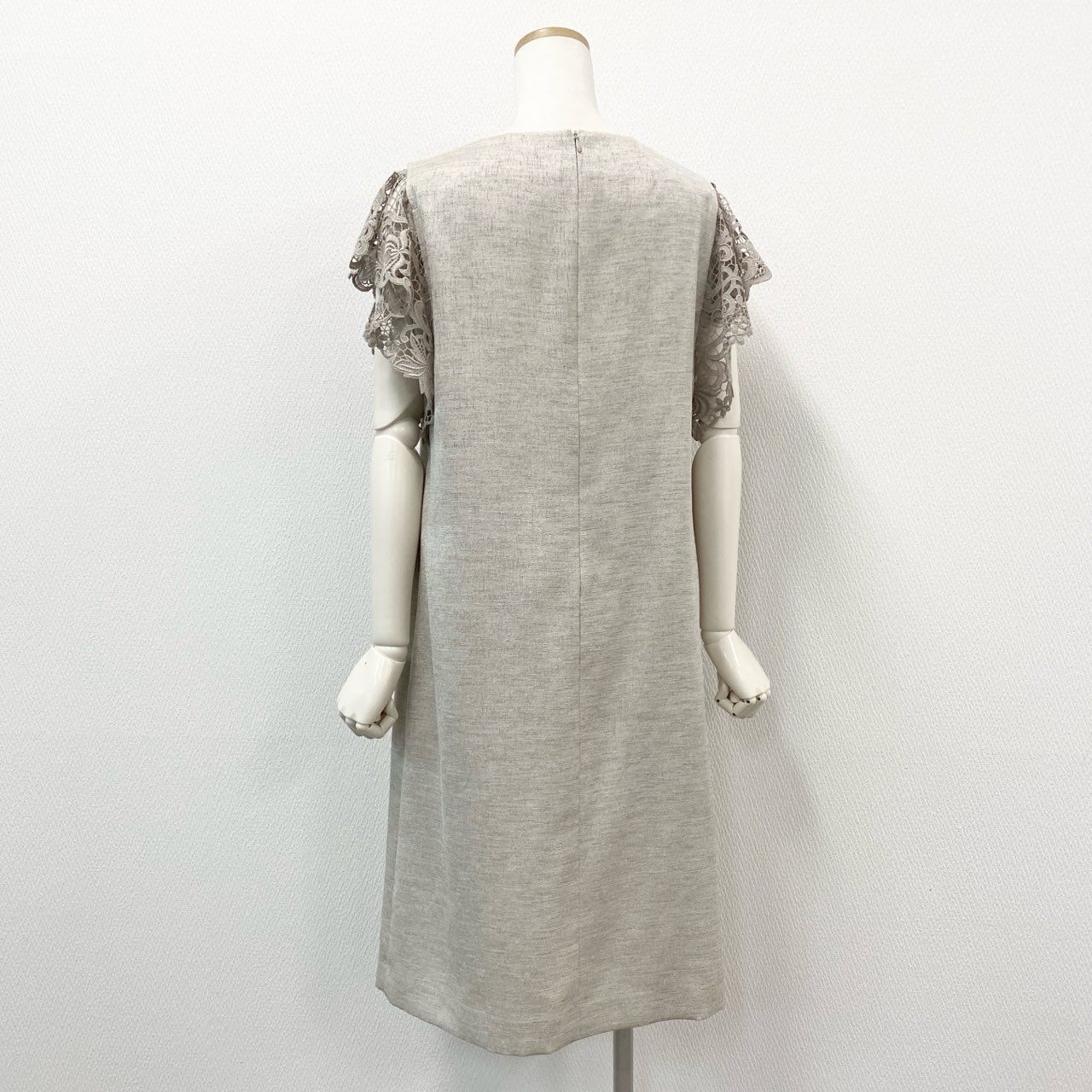 64d30 《極美品》 NEMIKA ネミカ レリアン 半袖ワンピース ロングワンピース 袖レース切替 サイズ11号 ベージュ ポリエステル100% レディース 日本製