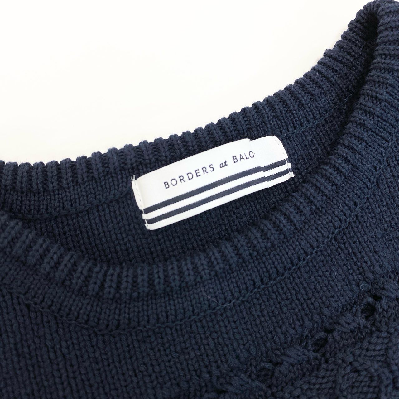 54h27 《美品》 BORDERS at BALCONY ボーダーズアットバルコニー フリンジ ニット セーター 洗える サイズ36 ネイビー ホワイト ボーダー コットン レディースu02t
