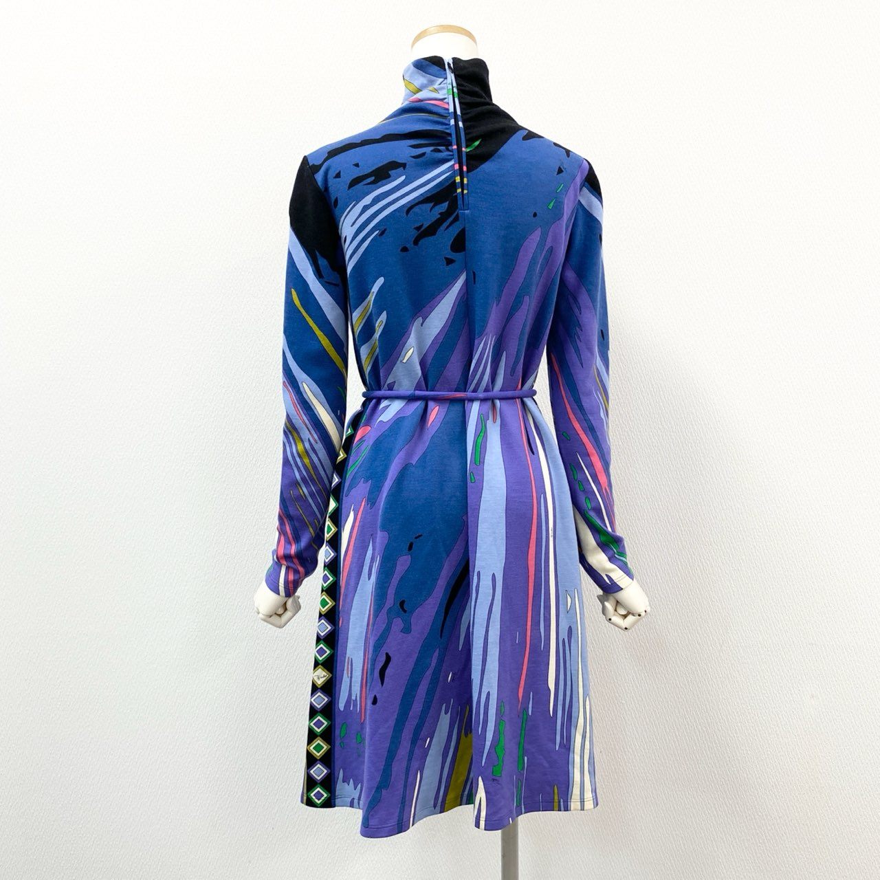 69g8 EMILIO PUCCI エミリオプッチ プッチ柄 ボトルネック 長袖ワンピース ドレス ロングスリーブ ウエストマーク イタリア製 38 ブルー レディース
