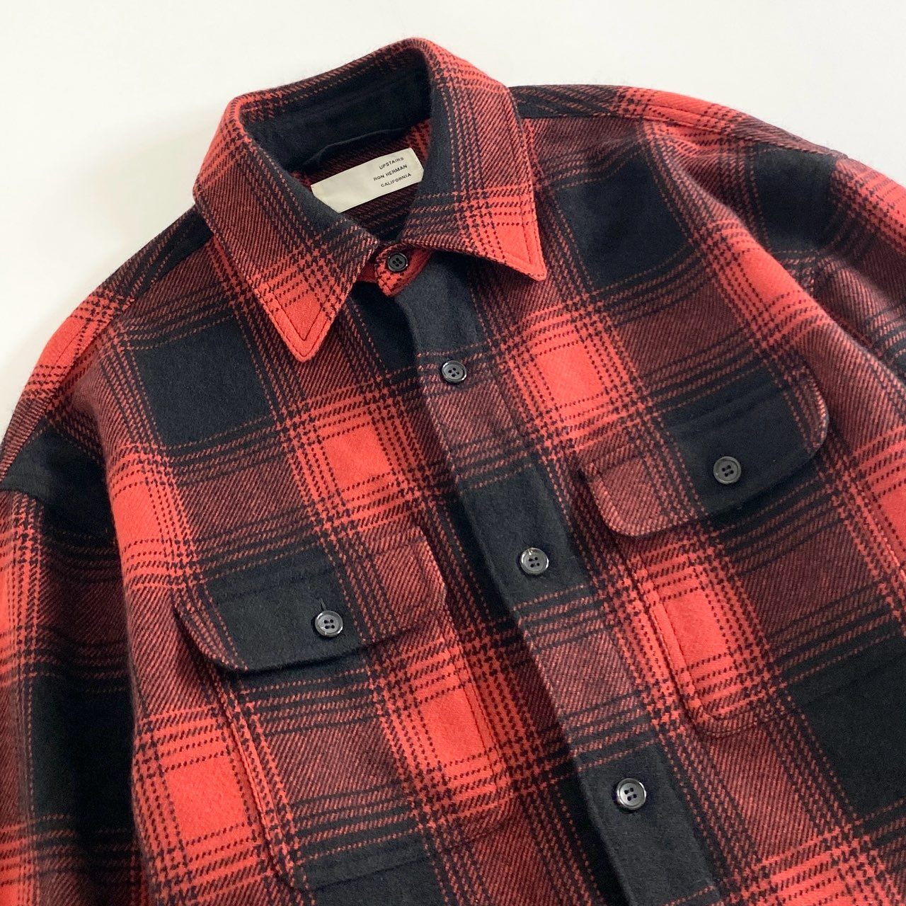 22h9 定価¥308,000 RON HERMAN ロンハーマン Cashmere Shirt Jacket カシミヤ シャツジャケット L レッド ブラック カシミヤ100% UPSTAIRS オンブレチェック メンズ