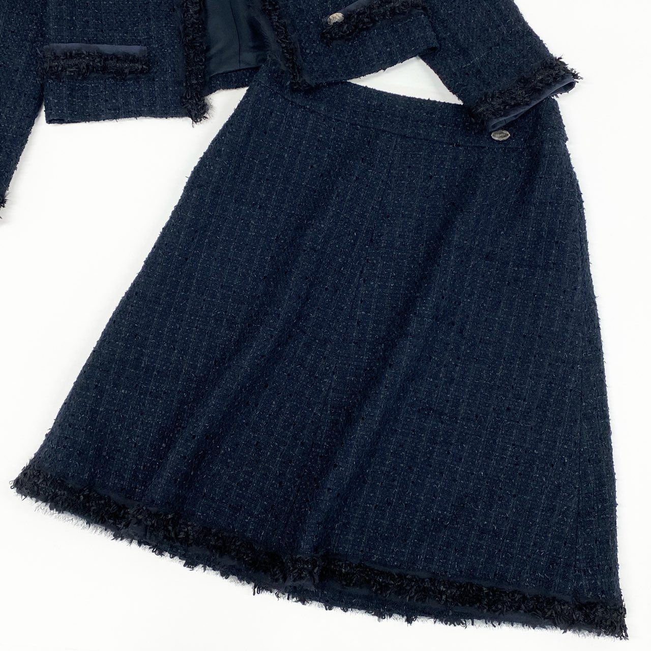 76a14 《美品》 FOXEY フォクシー クラシックツイード セットアップ ノーカラージャケット スカート 35283 38 ミッドナイトブルー セレモニー 日本製 結婚式