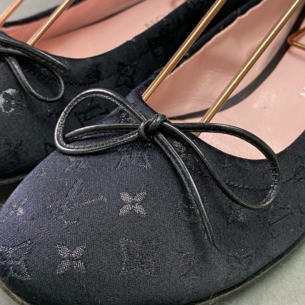 5e10 LOUIS VUITTON ルイヴィトン バレエシューズ フラットシューズ パンプス モノグラムサテン リボン サイズ36.5 ブラック レディース