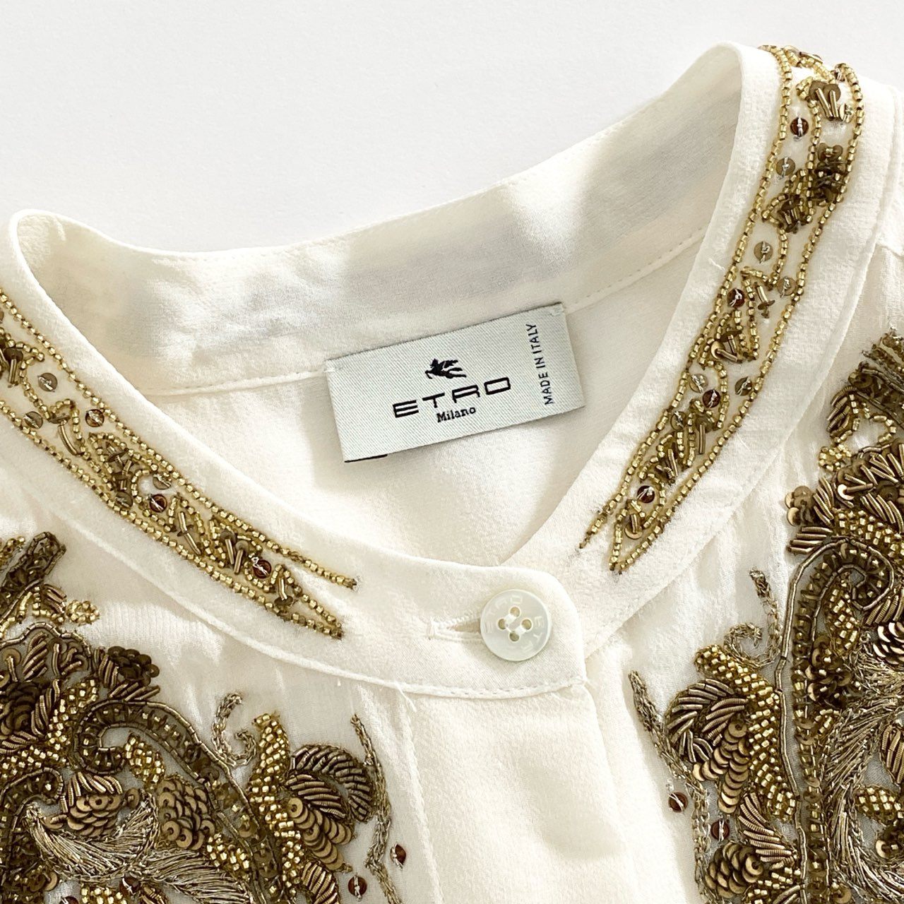 12d14 ETRO エトロ ビーズ ビジューデザイン 長袖ブラウス シルクブラウス 42 クリーム色 レディース 春夏 羽織