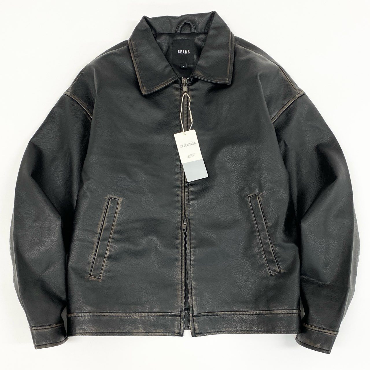51f3 【新品タグ付き】 BEAMS ビームス 2024AW ユーズド加工 レザーブルゾン シングルライダース ジャケット 11-18-1831-202-19-22 サイズM ブラック レザー メンズ