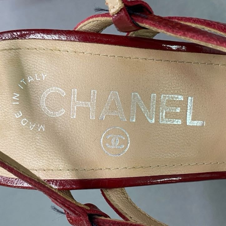 2a6 CHANEL シャネル ココマークチャーム ウェッジソール コルクサンダル 37 レッド エナメル シルバー金具 イタリア製 シューズ 夏