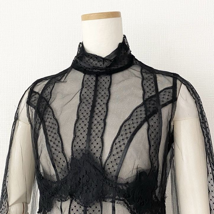 55i26 DOLCE&GABBANA ドルチェアンドガッバーナ レーストップス 長袖ブラウス チュール シアー素材 サイズ40 ブラック レディース イタリア製