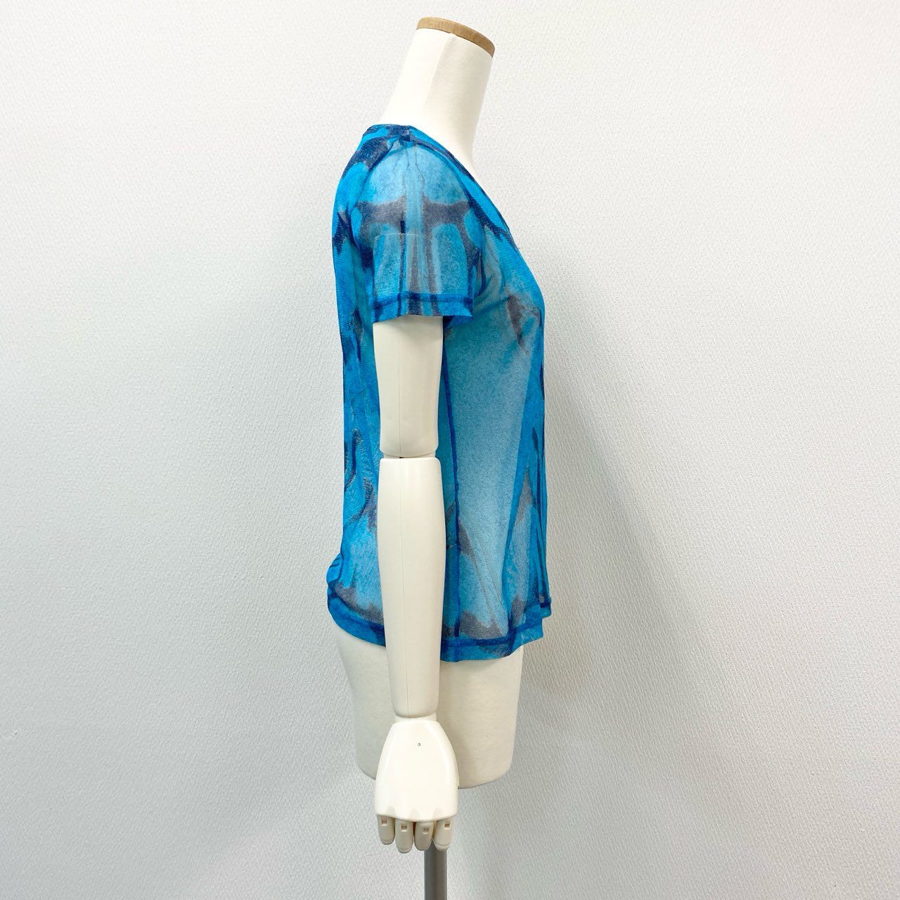 5i12 PLEATS PLEASE ISSEY MIYAKE プリーツプリーズ イッセイミヤケ 総柄プリント メッシュ シアー素材 半袖カットソー トップス 日本製 PP34-JR752 3 ブルー レディースo07t