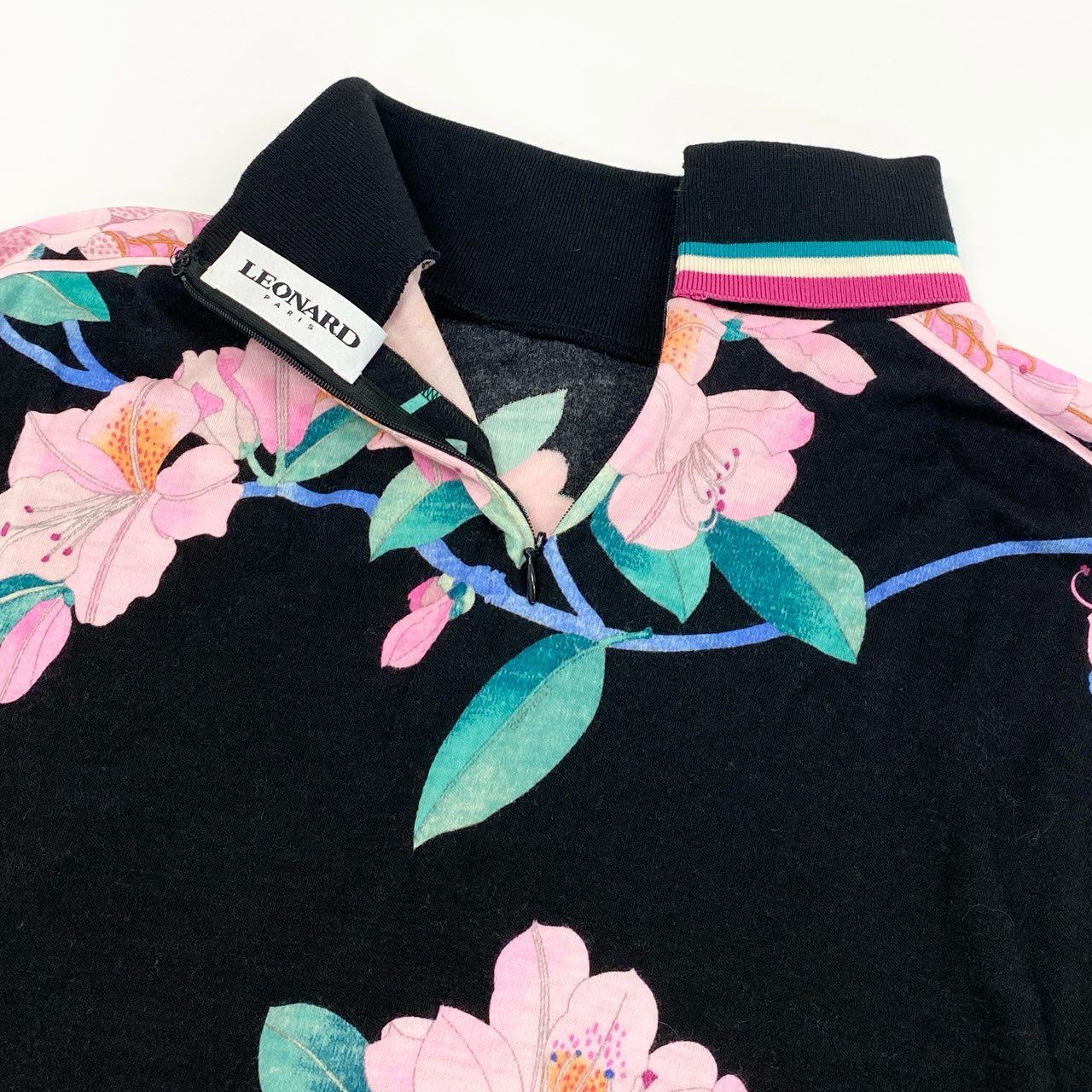 58f20 LEONARD PARIS レオナール 花柄プリント ハイネック長袖ワンピース バックジップ ロングスリーブ ドレス イタリア製 36 ブラック ウール ナイロン レディース