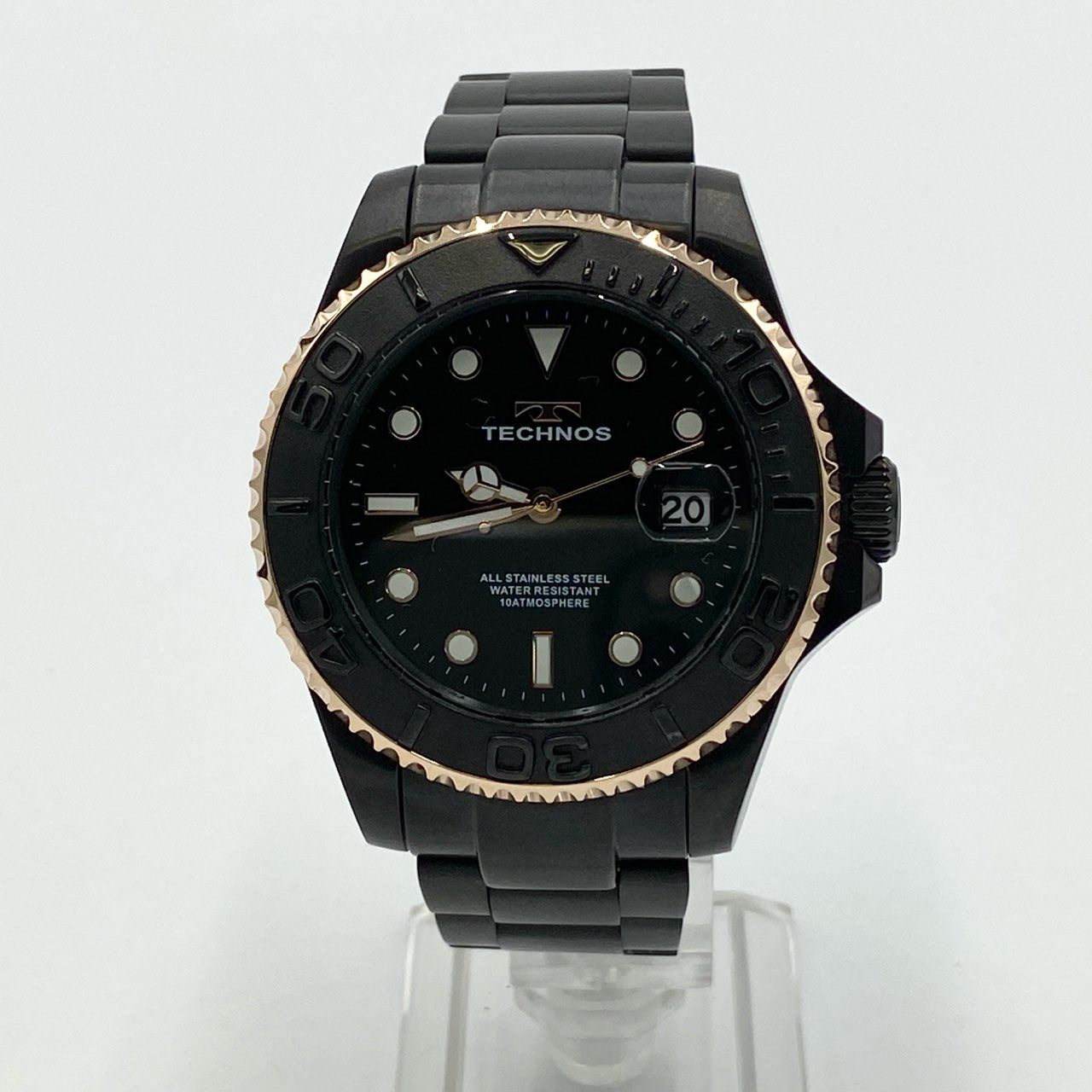 h21《美品》 TECHNOS テクノス 100周年記念モデル メンズ腕時計 T9C29 ブラック ゴールド コマ有 日付表示 逆回転防止ベゼル クリスタルガラスt18r