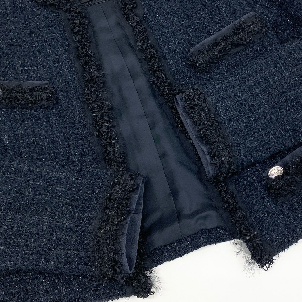 76a14 《美品》 FOXEY フォクシー クラシックツイード セットアップ ノーカラージャケット スカート 35283 38 ミッドナイトブルー セレモニー 日本製 結婚式