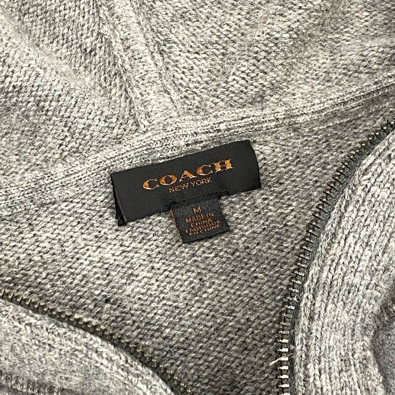 33d3 COACH コーチ ウールブレンド ジップアップ ニットパーカー M グレー ラムレザー エルボーパッチ