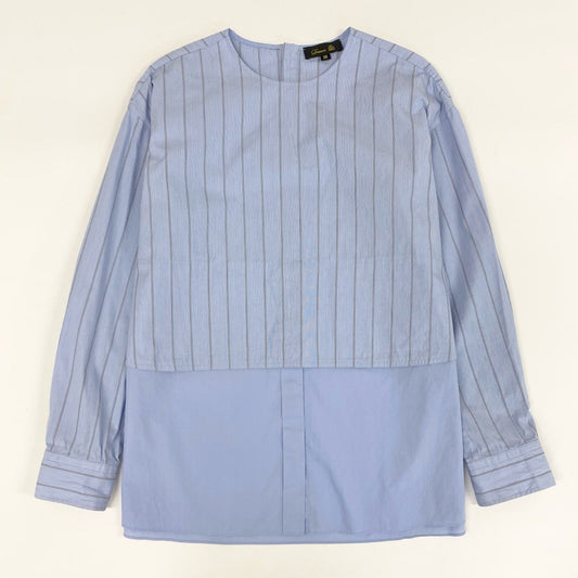 54g10 《美品》定価¥64.900 Drawer ドゥロワー 24SS レイヤーノーカラーブラウス 36 ブルー 日本製 シャツ ストライプ柄