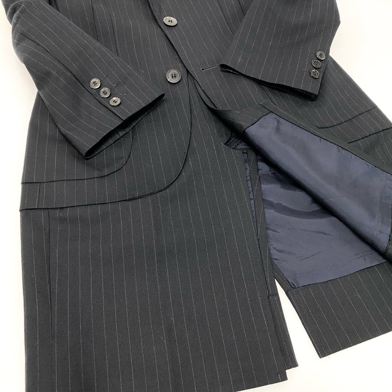 53h27 JUNYA WATANABE COMME des GARCONS ジュンヤワタナベ コムデギャルソン ニット切替 変形チェスターコート 日本製 ストライプ JJ-C006 Sサイズ ブラック ウール レディースo07t