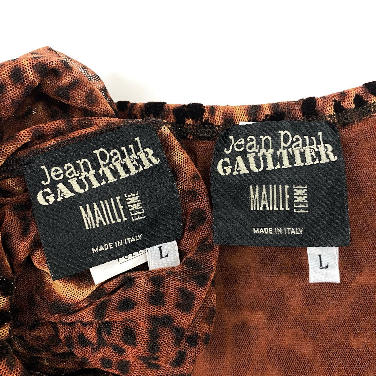 75f24 Jean Paul Gaultier ジャンポールゴルチエ パワーネット フロッキー レオパードプリント カットソー スカート セットアップ イタリア製 Lサイズ ブラウン系