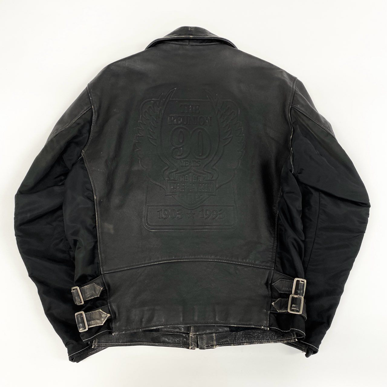 67g24 HARLEY DAVIDSON ハーレーダビッドソン 90周年記念 ダブルライダースjケット レザー ロゴ刺繍 M ブラック 牛革 メンズ_