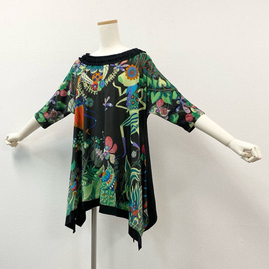 70i2 TOKUKO 1er Vol トクコプルミエヴォル 総柄プリント 日本製 五分袖チュニック シフォンワンピース トップス 9 Mサイズ ブラック グリーン レディースo07t