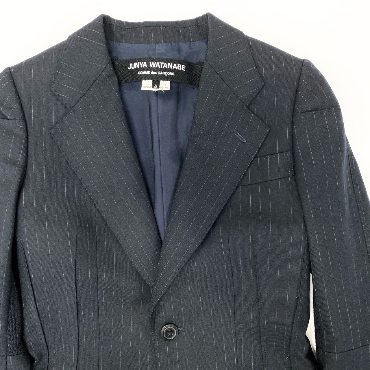 53h27 JUNYA WATANABE COMME des GARCONS ジュンヤワタナベ コムデギャルソン ニット切替 変形チェスターコート 日本製 ストライプ JJ-C006 Sサイズ ブラック ウール レディースo07t