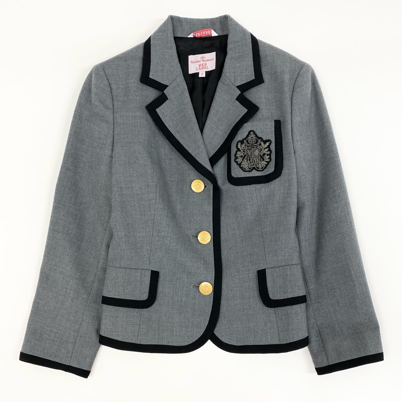 11f12 Vivienne Westwood RED LABEL ヴィヴィアンウエストウッド レッドレーベル テーラードジャケット ブレザー オーブ金ボタン ワッペン パイピング サイズ2 グレー ウール100 レディース 女性用