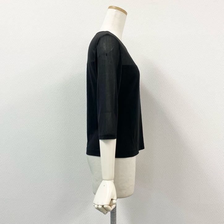 80g23 【美品】 LEONARD レオナール 七分袖カットソー トップス カンカン素材 ロゴ刺繍 薄手 春夏 レディース 女性用 0199570 M ブラック