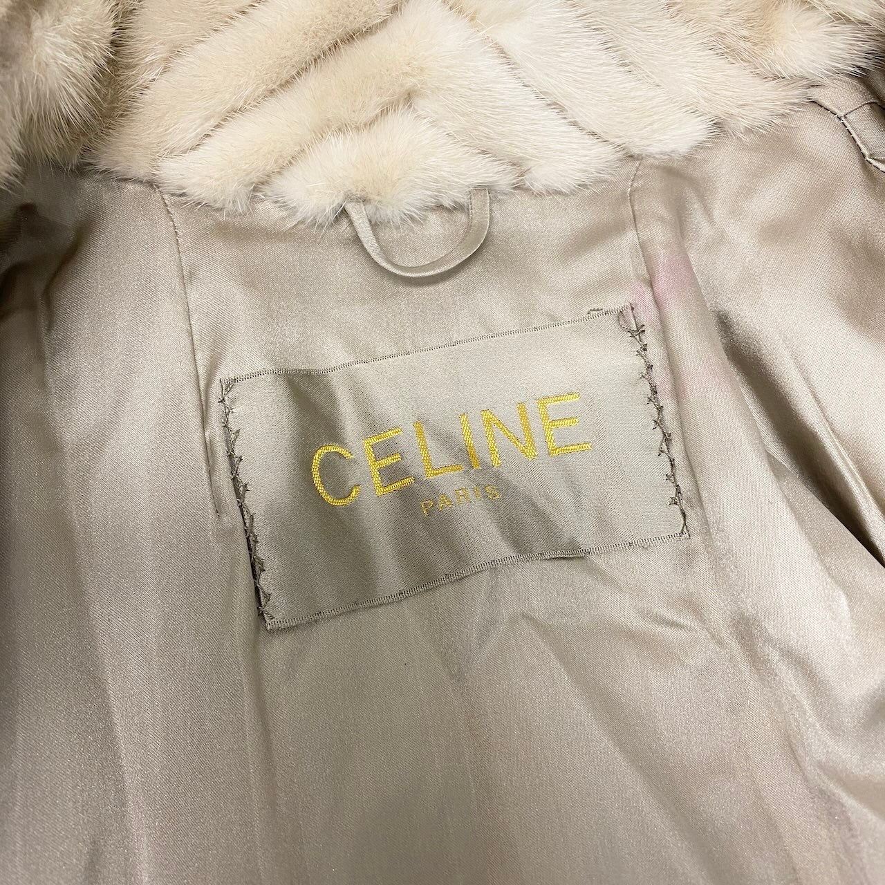 70c24 CELINE セリーヌ パールミンク ファーコート ホワイト 最高級本毛皮 Pearl Mink Fur Coat トリオンフ刺繍 毛質◎t18r
