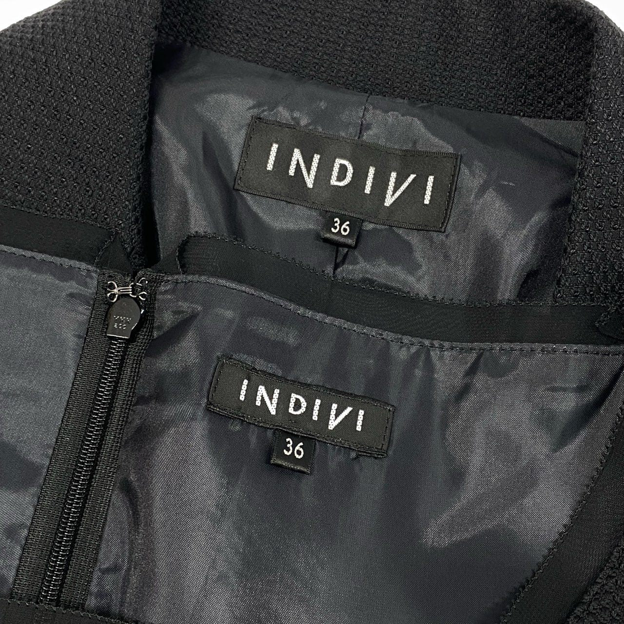 77j28《美品》INDIVI インディヴィ ジャケット ワンピース  セレモニースーツ フォーマル 127-42012 36サイズ ブラック レディースu02t