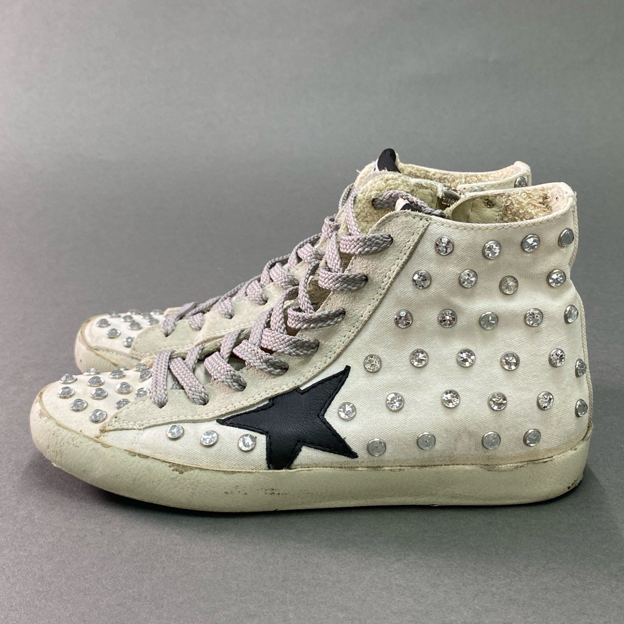 3g9 GOLDEN GOOSE ゴールデングース ヴィンテージ加工 ビジュークリスタル ハイカットスニーカー 37 ホワイト レザー ダメージ加工 Vintage シューズ