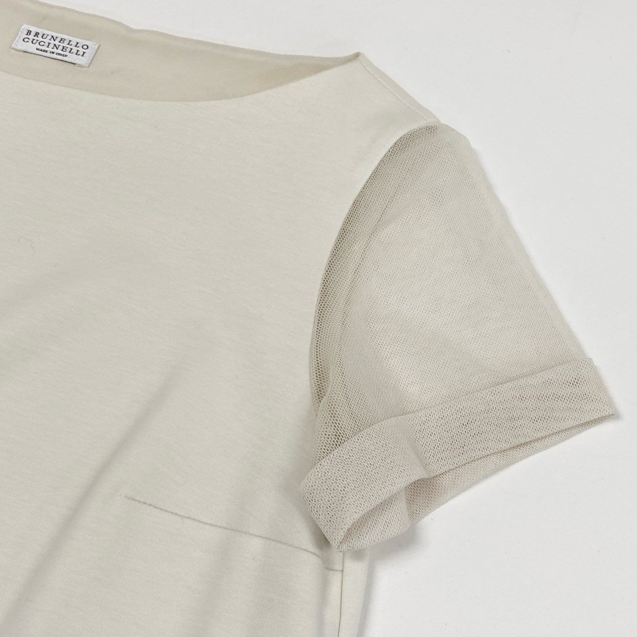 63i18 BRUNELLO CUCINELLI ブルネロクチネリ 半袖ワンピース ひざ丈ワンピース メッシュスリーブ M アイボリー系 レディースu02t