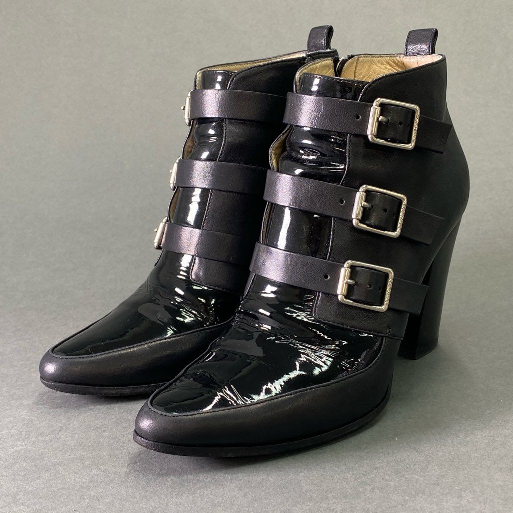 2d7 JIMMY CHOO ジミーチュウ トリプルストラップ サイドジップ ブーツ 38 ブラック レザー エナメル ブーティ シューズ イタリア製