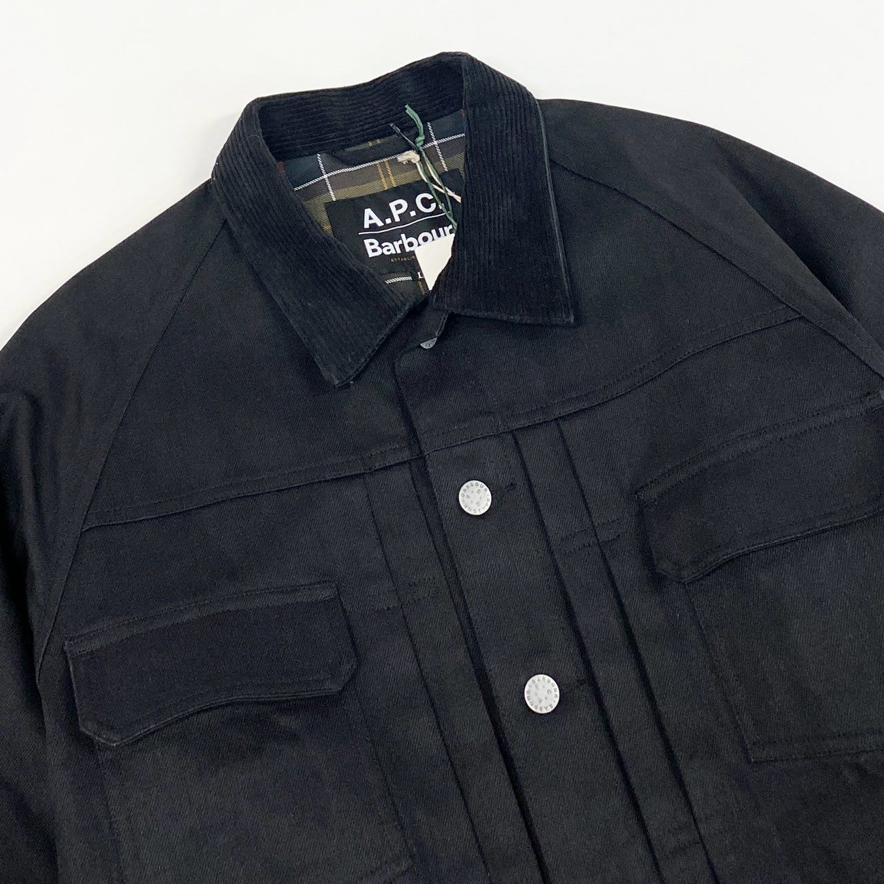 38d28 【新品タグ付き】 A.P.C. × Babour アーペーセー バブアー SPEY スペイ デニムジャケット Gジャン 251MCAS173 サイズL ブラック 25ss 腕章ワッペン ノンワックス