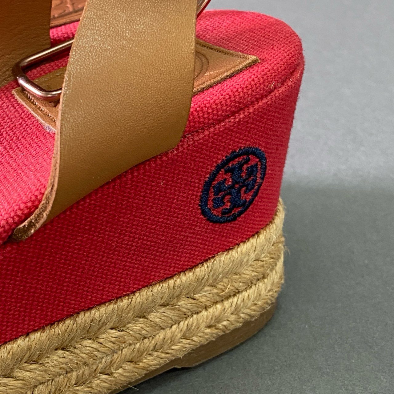 1d22 TORY BURCH トリーバーチ エスパドリーユ レザー キャンバスサンダル 7B レッド 刺繍ロゴ シューズ 夏 スペイン