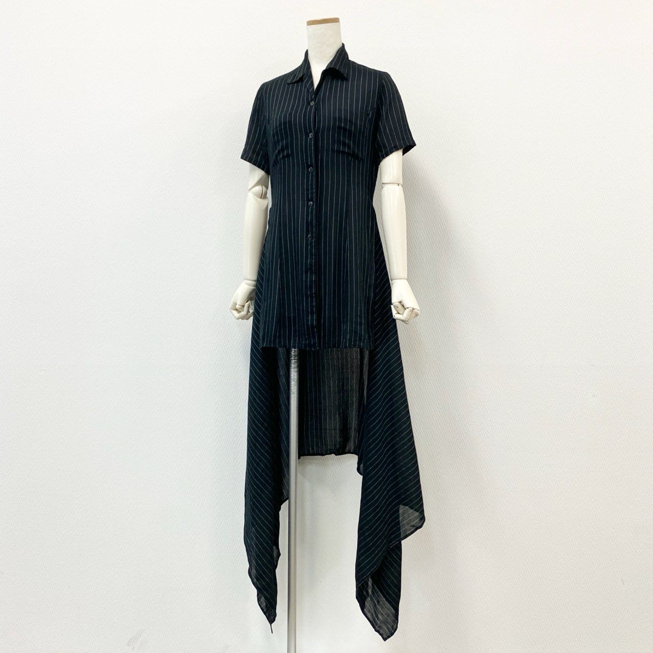 2f6 Jean Paul GAULTIER ジャンポールゴルチエ 00s バックロング ドレープシャツワンピース 40 ブラック ドレス ストライプ