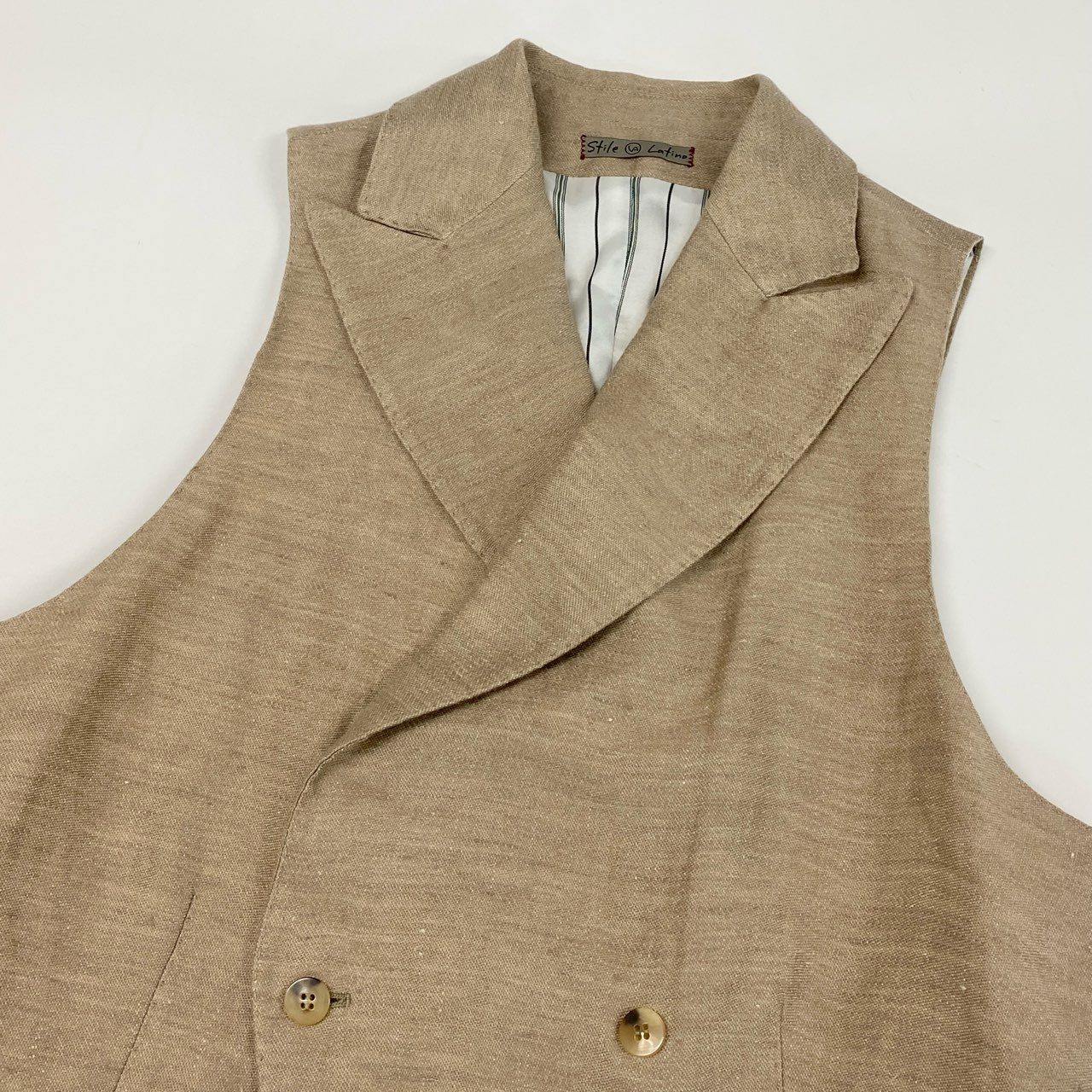 43f25 【美品】Stile Latino スティレラティーノ リネン100 ダブルブレスト ジレベスト ドレスジレ サイズ44 7R ベージュ メンズ 紳士 春夏 ベスト