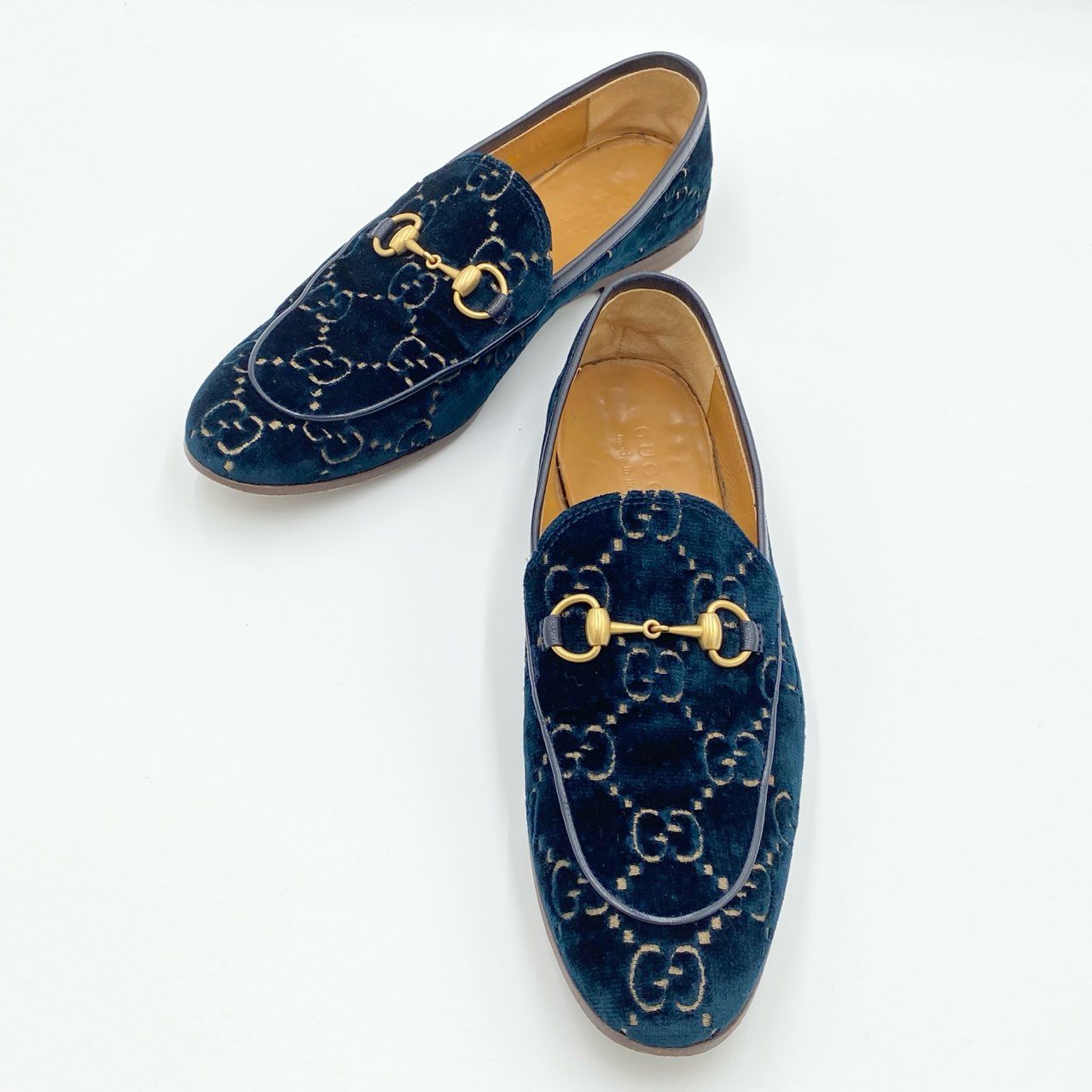 1i4 GUCCI グッチ GGベルベット ホースビット ローファー ドレスシューズ 430088 サイズ8.5 ネイビー メンズ 紳士靴k02i