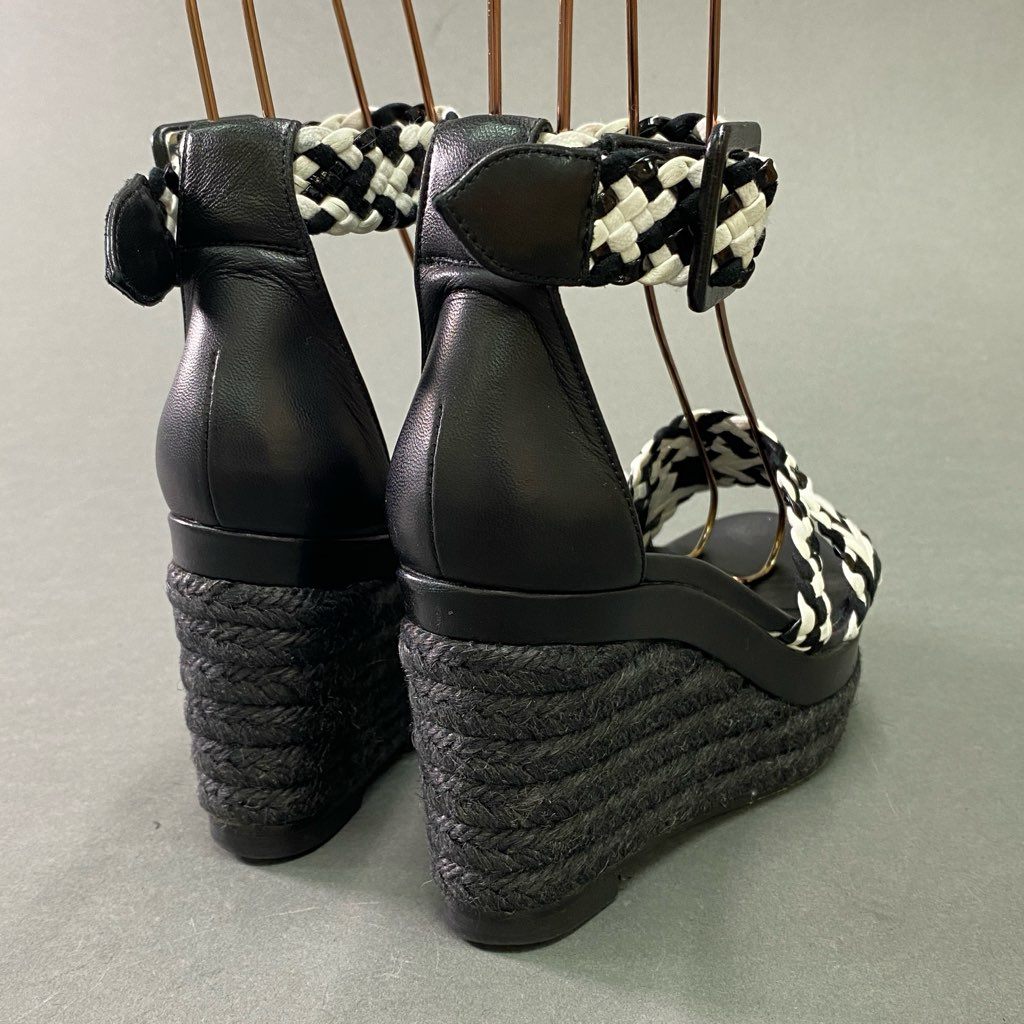 4d6 《美品》 HERMES エルメス イネス 編み込みデザイン ウェッジソールサンダル 34 ブラック ホワイト レザー シューズ イタリア製 夏