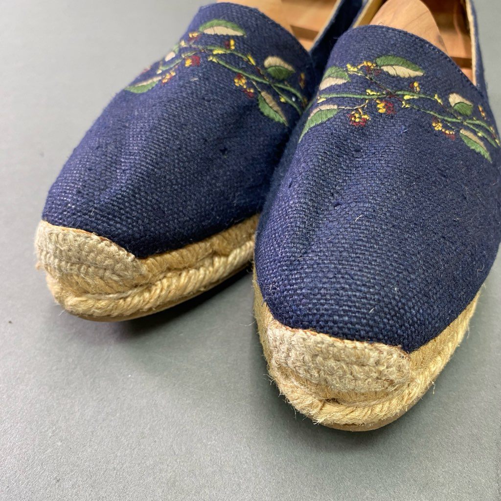 6d6 《美品》 HERMES エルメス 刺繍デザイン エスパドリーユ スリッポン 36 ネイビー キャンバス フラワー シューズ スペイン製 サンダル