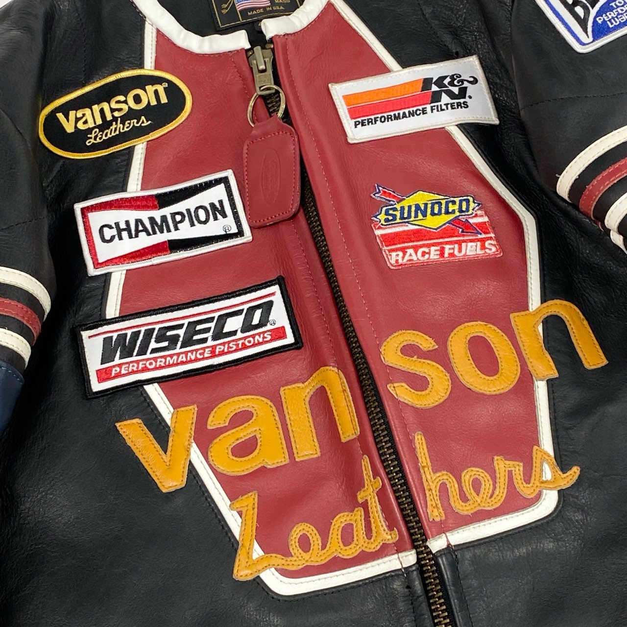 49f2 VANSON バンソン USA製 BOSTON MASS ワンスター シングルライダースジャケット レーシング ワッペン 42 ブラック マルチカラー レザー
