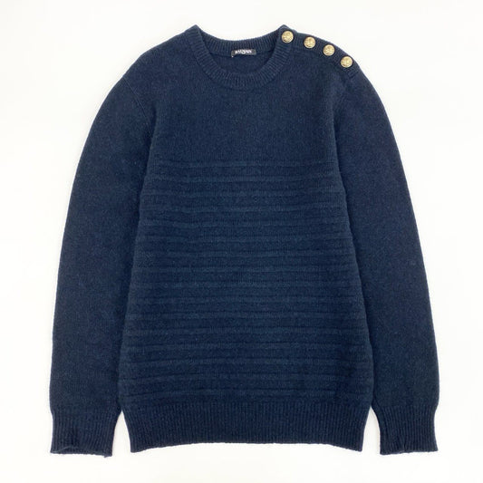 41c29 BALMAIN バルマン フランス製 カシミヤ100% ニットセーター  L ネイビー 肩金釦 ボーダー