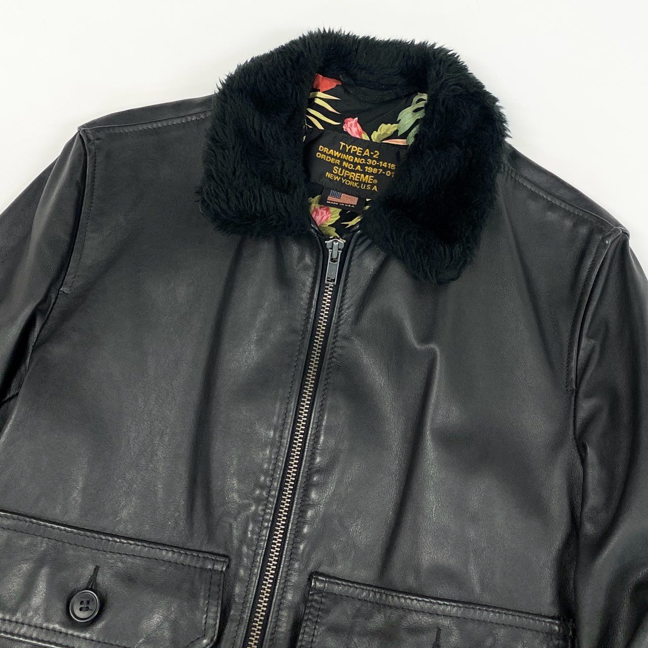 8h4 SUPREME x SCHOTT シュプリーム ショット 12SS Leather A-2 Flight Jacket フライトジャケット 裏地花柄 USA製 S ブラック 本革 レザー メンズ