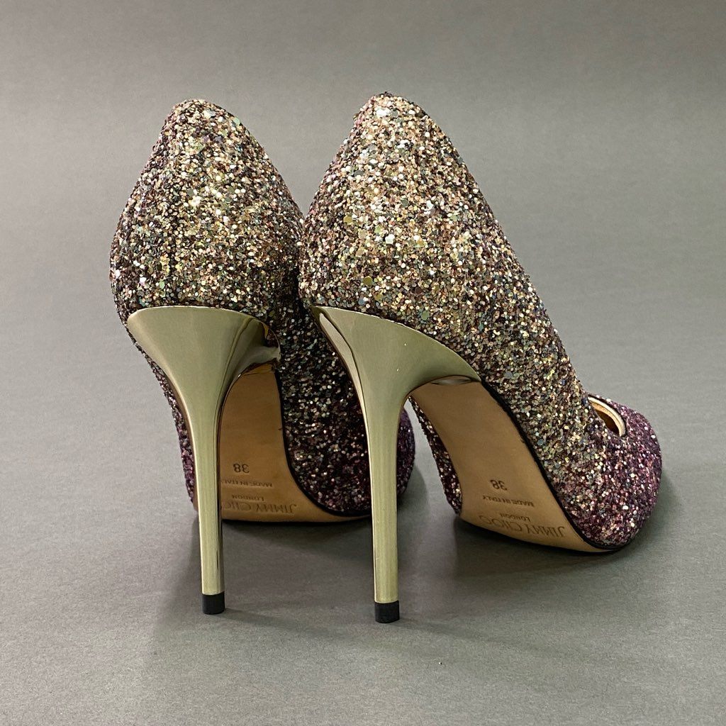 1d12 《美品》 JIMMY CHOO ジミーチュウ グリッター パンプス ピンヒール ラメ イタリア製 ハイヒールパンプス レディース 38 ピンク系 結婚式