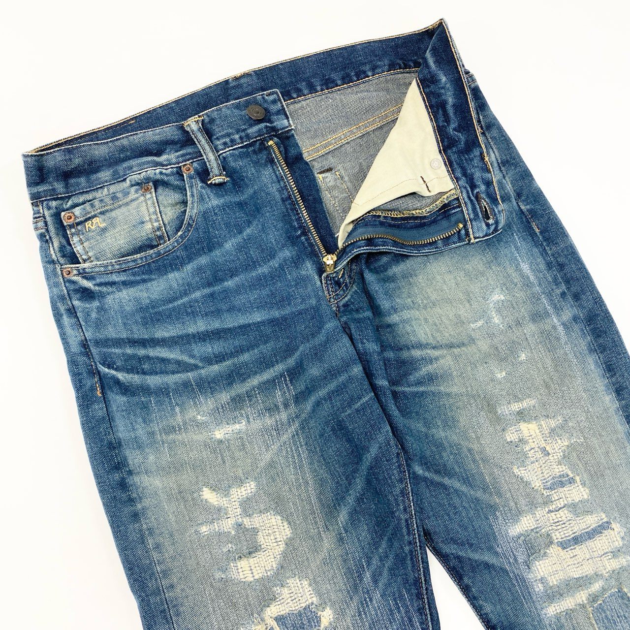 71i26 《美品》RRL ダブルアールエル デニムパンツ ダメージリペア加工 ジップフライ ロゴ刺繍 RN41381 29×30 インディゴ メンズk02i