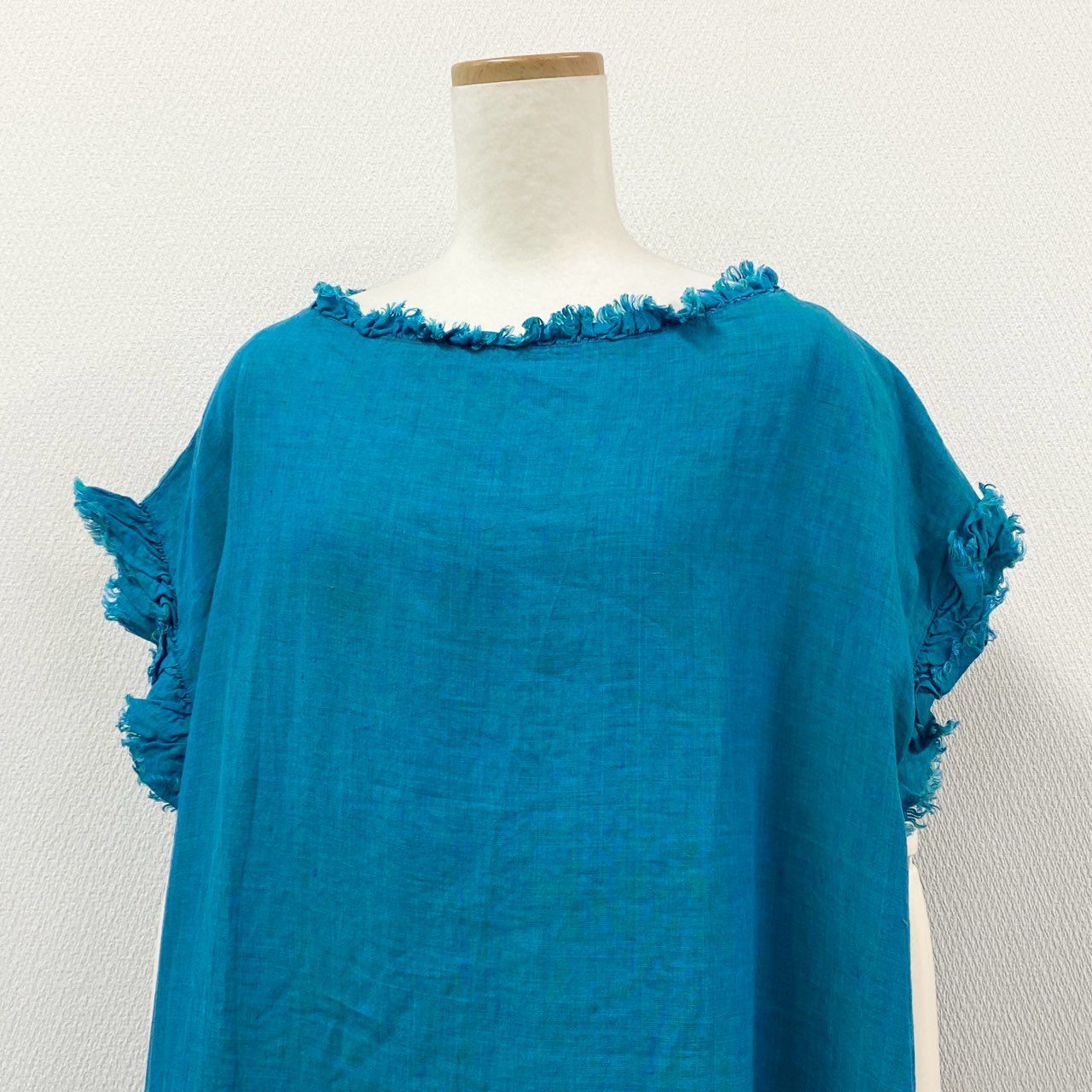 48h14《美品》 HOUSE OF LOTUS ハウスオブロータス カットオフリネンワンピース ロングワンピース フレンチスリーブ サイズM ブルー 麻 リネン100 レディースu02t