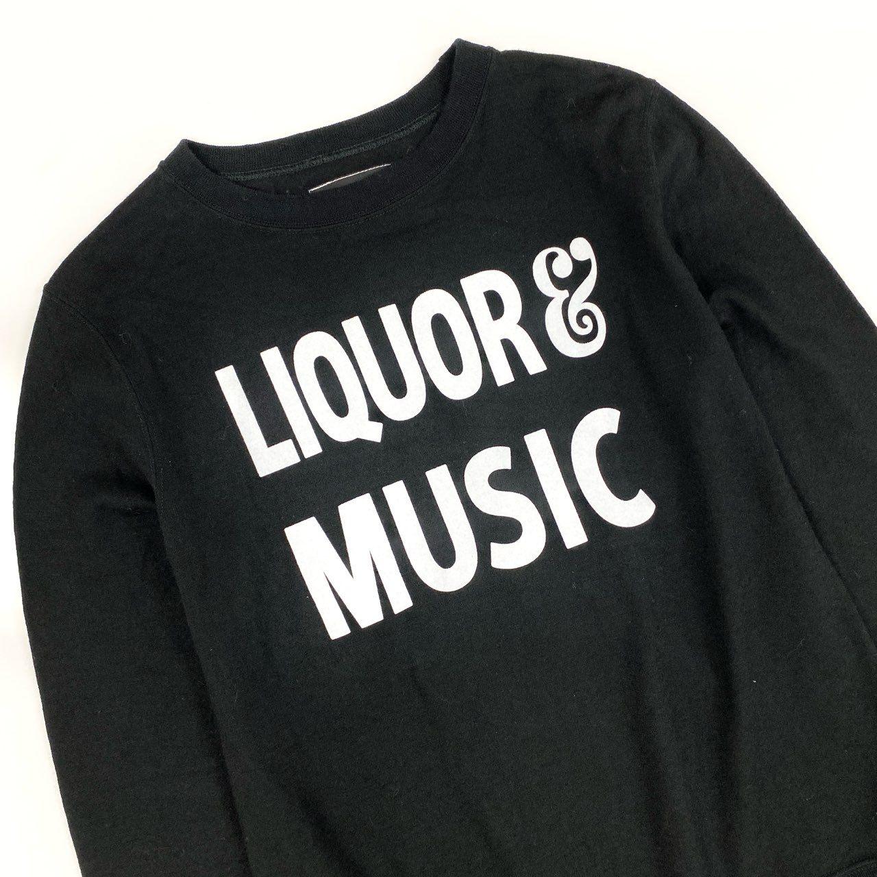44h26 NUMBER (N)INE ナンバーナイン LIQUOR & MUSIC クルーネック ニット セーター ミドルゲージ プリント 日本製 2 ブラック ウール メンズo07t