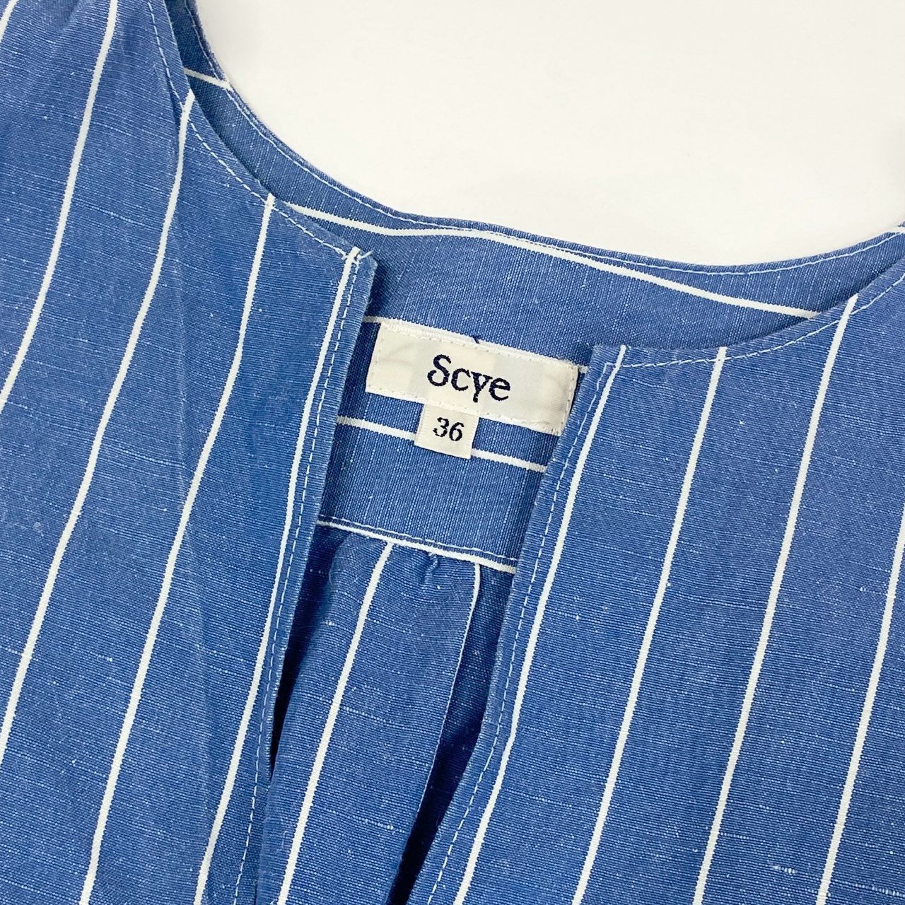 68g24 Scye サイ 完売品 COTTON LINEN DR 半袖ワンピース ロングワンピース ストライプ 1221-01050 サイズ36 ブルー ホワイト コットン リネン レディース 日本製_