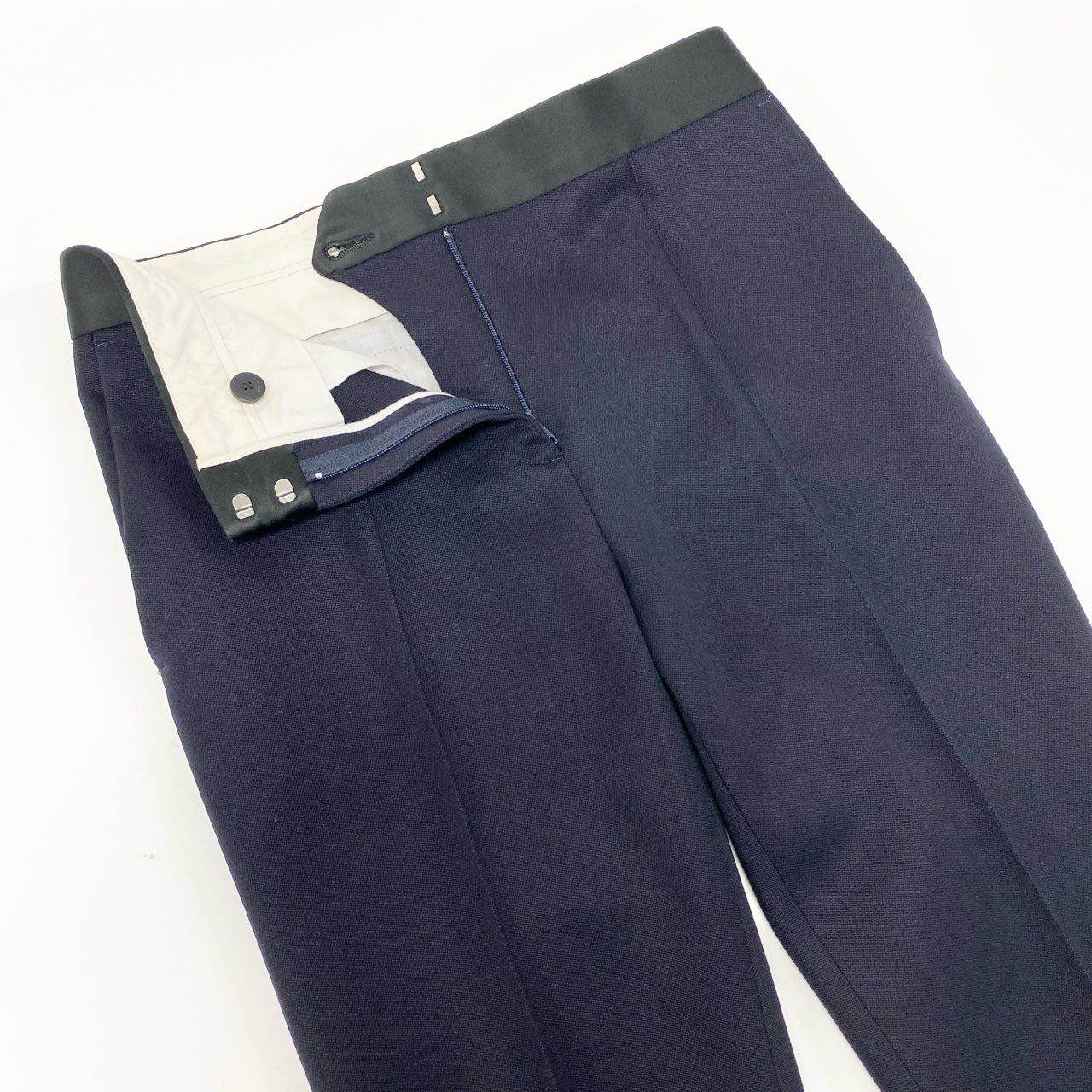 22i16 CELINE セリーヌ フィービー期 スラックスパンツ テーパードパンツ ボトムス ウエスト素材切り替え 34 ネイビー レディースu02t