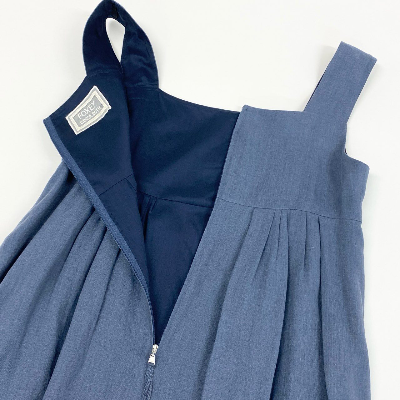 76k20 《 20周年 限定品 》 FOXEY フォクシー GINZA 20TH Soleil ソレイユ ドレス リネンワンピース 38278 40 ブルー 日本製