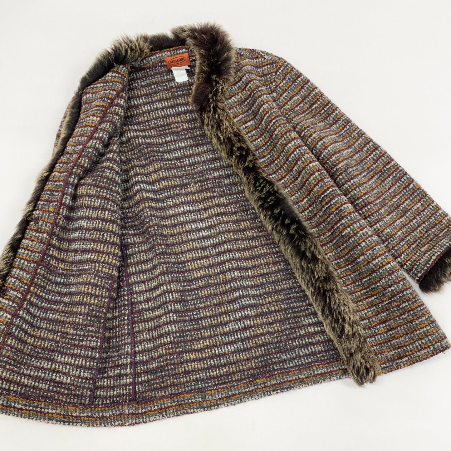 16h9《美品》MISSONI ミッソーニ ニットジャケット ニットコート ボーダー ファー イタリア製 92 マルチカラー レディースu02t